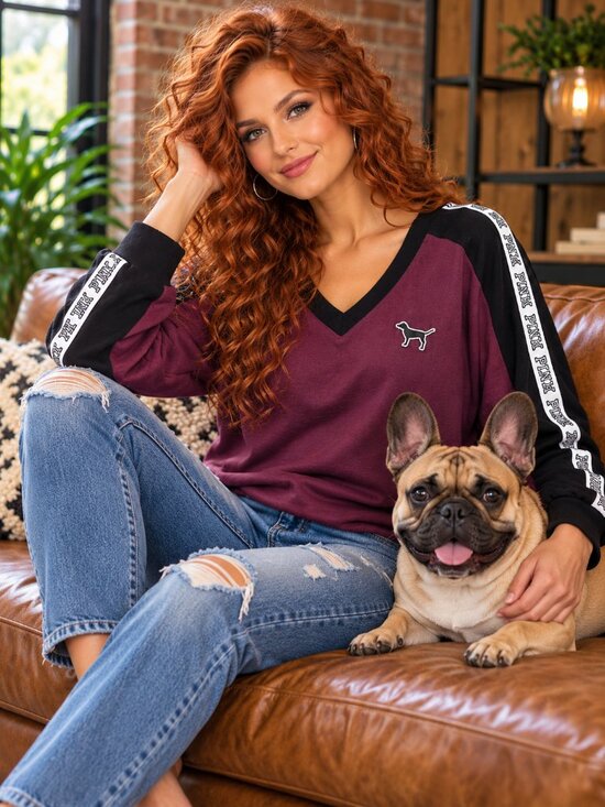 PINK Victoria's Secret Tops - 🔥SALE Y2k PINK Victoria's Secret SWEATSHIRT Women's V-Neck Pullover Long Sleeve